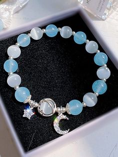 Beaded Bracelets And Necklaces, Blue Crystal Bracelet Beads, Cute Blue Bracelet, Cute Blue Charm Bracelet For Gift, Cute Blue Bracelet Jewelry, Blue Beaded Charm Bracelet, Aesthetic Blue Bracelet, Blue Bracelet Beads, Crystal Bead Bracelet Ideas