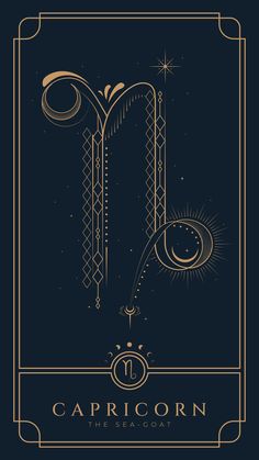 the capricorn tarot card is shown in gold and black on a dark background