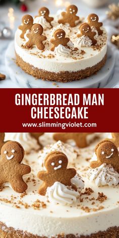 gingerbread man cheesecake on a white plate with the words gingerbread man cheesecake above it