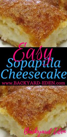 two pictures of some food on a white plate with the words easy sopaha cheesecake