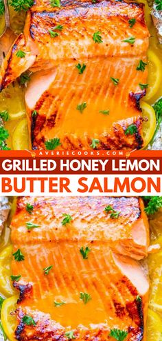 This easy grilled salmon in foil is one of the best you ever try! It's less than a 30-minute meal. Not only does this homemade dinner recipe have a flavorful honey lemon butter sauce, but it is also healthy! Grilled Salmon With Lemon Butter Sauce, Grill Salmon Recipe, Grill Salmon, Grilled Salmon Recipes Foil, Easy Grilled Salmon Recipes, Grilling Salmon, Salmon Marinade Recipes Grilled, Salmon On The Grill, Salmon Grilled Recipes