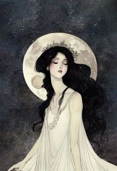 a drawing of a woman sitting on the ground in front of a moon and stars