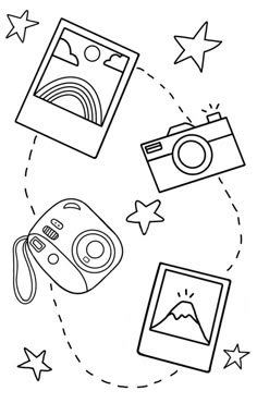 a black and white drawing of some things in the air with stars around them, including an image of a camera