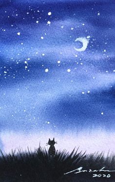 a painting of a cat sitting on top of a grass covered field under a night sky