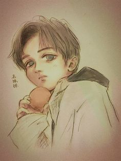 a drawing of a boy holding a doughnut in his hand and looking at the camera