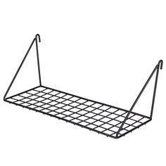 a black metal shelf with two hooks on the bottom and one hanging from it's side