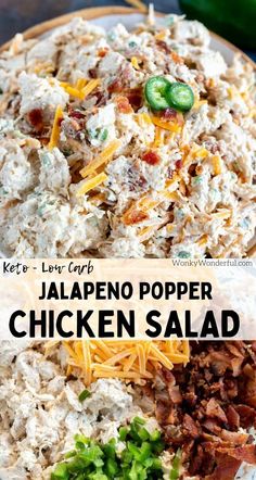 chicken salad with jalapeno peppers and shredded cheese in a bowl on a table