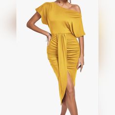 Off Shoulder Party Dress Features Asymmetic Wrap Split Front. Front Ruching. Washed. Never Worn. Length: 123 Cm/48.5", Sleeve Length: 25 Cm/9.75", Waist: 91 Cm/35.75", Hip: 103 Cm/40.5", Yellow Off-shoulder Maxi Dress For Party, Stretch Draped Mini Dress For Party, Yellow Sheath Bodycon Party Dress, Yellow Ruched Maxi Dress For Party, Draped Stretch Maxi Dress For Party, Yellow Sheath Midi Dress For Party, Yellow Bodycon Evening Dress, Yellow Sheath Dress For Parties, Yellow Stretch Bodycon Party Dress