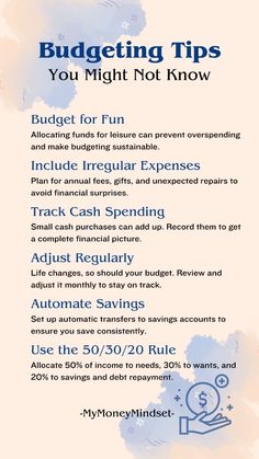 a blue and white poster with the words budgeting tips you might not know on it