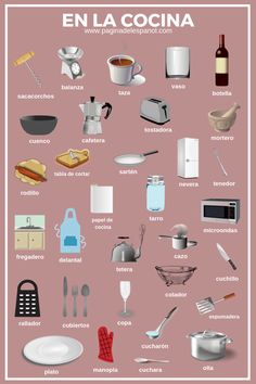 a poster with different types of kitchen utensils and other things to eat on it