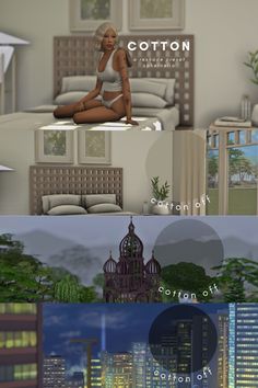 two different views of a woman sitting on top of a bed in front of a cityscape