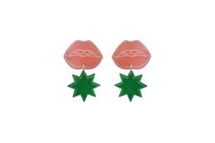 A frosted pink lip shaped stud earring with a dangling green starburst. Each piece has been laser cut from frosted Perspex and is etched with my illustrations. I assemble each piece using sterling silver findings for quality and durability.These earrings are part of my new Strawberry Shortcake collection influenced by the nostalgia and iconography of childhood in the 70's, 80's and 90s. A back to school style collection designed to transport you back to happy memories.>>>>>> Pl Green Star Earrings For Pierced Ears, Green Star-shaped Party Jewelry, Lip Shapes, Jewelry Safe, Floral Necklace, Happy Memories, Pink Earrings, Pink Lips, Earrings Photo