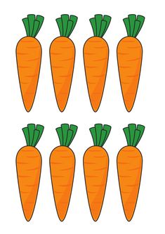 six carrots with green tops are arranged in a row on a white background illustration