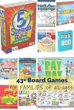 four board games for families of all ages with the title, 5 second rules and 3 third