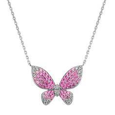 A mosaic of pink natural sapphires and natural diamonds creates an ombre effect across this beautiful butterfly pendant. Crafted in bright 14-karat white gold  it comes on a matching cable chain that’s adjustable for easy layering with other favorite necklaces. Luxury Pink Necklaces With Sparkling Stones, Silver Pink Sapphire Necklace Gift, Silver Pink Sapphire Necklace For Gift, Pink Pave Setting Jewelry For Gift, Pink Jewelry With Pave Setting As Gift, Elegant Pink Butterfly Necklace, Pink Pendant Necklace With Butterfly Charm, Pink Diamond Necklace With Sparkling Stones, Pink Butterfly Charm Pendant Necklace