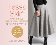 a woman is wearing a skirt and black top with text that reads, tessa skiri half circle mid - length sewing pattern