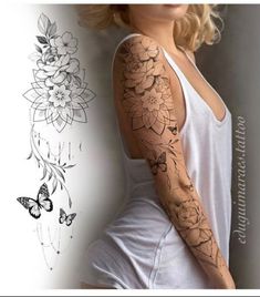 a woman's arm with flowers and butterflies tattoo on the left side of her body