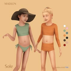 two children in swimsuits and hats standing next to each other