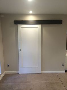 an empty room with a white door and light