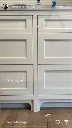 an image of a white cabinet with some writing on the front and bottom drawers that say so good