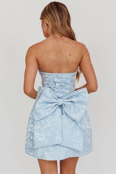 Shop the Melty Kisses Bow Mini Dress Blue | Selfie Leslie Blue Hoco Dresses, Blue Selfie, Lace Up Corset Back, Flared Mini Dress, Hoco Ideas, Mini Dress Strapless, Bow Mini Dress, Coral Mini Dress