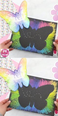 two pictures of butterflies being held up in front of each other with the words pk mom written on them