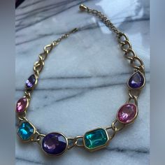 Vintage Trifari Necklace Gold Tone With Pink Purple And Blue Stones Trifari Jewelry Vintage, Trifari Jewelry, Vintage Trifari, Blue Stones, Jewelry Vintage, Blue Stone, Necklace Gold, Womens Jewelry Necklace, Pink Purple