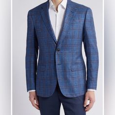 A Two-Button Silhouette Brings Classic Charm To This Sophisticated Sport Coat Styled With Notched Lapels. 29 1/2" Regular Length (Size 42us/52 Eu R) Notched Lapels Chest Welt Pocket; Front Flap Pockets Lined Color 514: 100% Wool; Color 400: 65% Wool, 21% Silk, 14% Linen (Blue); Or Color 100: 93% Viscose, 7% Polyester Dry Clean Imported Elegant Navy Single-breasted Sport Coat, Blue Single-breasted Sport Coat With Lapel Collar, Classic Blue Button-up Sport Coat, Navy Single-breasted Sport Coat With Lapel Collar, Blue Single-breasted Button-up Sport Coat, Coat Fashion, Sport Coat, Flap Pocket, Welt Pocket