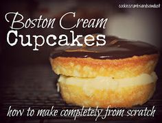 an advertisement for boston cream cupcakes with chocolate frosting on top and the words how to make completely from scratch