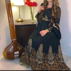 Very Beautiful And Comfortable Looks Brand New Bollywood Style Evening Anarkali Set With Dabka Work, Fitted Black Abaya For Wedding, Black Evening Dress For Diwali, Embroidered Anarkali Set For Evening Festivals, Bollywood Style Long Sleeve Anarkali Set For Evening, Bollywood Style Evening Anarkali Set With Long Sleeves, Black Abaya For Eid Party, Black Bollywood Style Dresses, Elegant Black Traditional Wear For Festivals