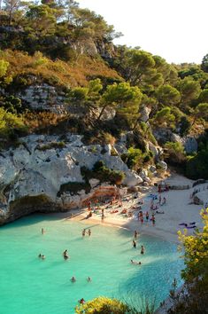 people are swimming and playing in the water at a beach near some cliffs with trees