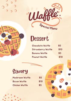 a menu for waffles with different toppings