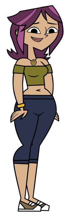 an image of a cartoon character with purple hair and piercings on her chest, standing in