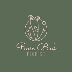 the rose bud florist logo is shown on a green background with pink lettering