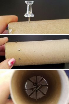 three pictures showing how to make a paper tube candle holder