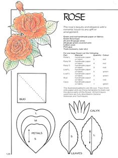 the instructions for how to make an easy rose paper craft pattern with flowers and leaves