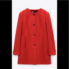 Zara Long Fitted Blazer Basic And Beautiful Zara Red Outerwear For Fall, Chic Red Outerwear With Buttons, Classic Red Outerwear For Spring, Chic Red Zara Outerwear, Elegant Solid Zara Outerwear, Chic Red Single-breasted Outerwear, Elegant Red Outerwear For Fall, Zara Red Formal Outerwear, Elegant Red Zara Blazer