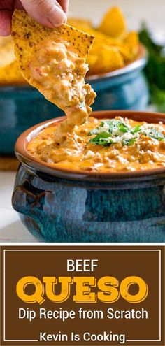 a hand dipping a tortilla chip into a bowl of quesadilla dip