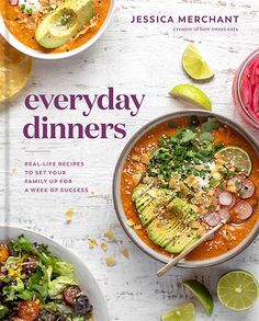 the cover of everyday dinners, featuring bowls of food and limes on white wooden table