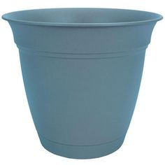 a blue plastic pot is shown on a white background