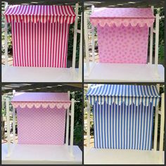 four different colored boxes with polka dots and stripes on the top one is pink, blue, and white