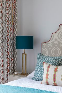 Orange and teal is the primary colour palette used throughout this home but is toned it down in the bedrooms to create a more peaceful and restful space. Christopher Farr, Bolster Cushions, Elegant Bedroom, Curtain Lights, Rick Rack, Orange And Pink, Pink Tone, Cushion Fabric