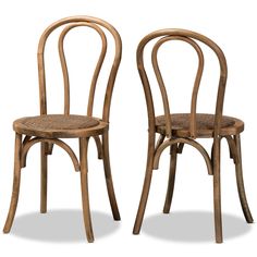 two wooden chairs side by side, one with a bent back and the other without