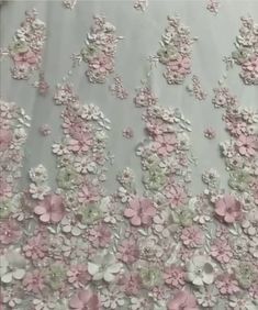 pink and green floral lace fabric with flowers on grey, sold by the yard or yard