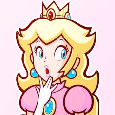 the princess peach is making a funny face with her finger to her mouth and wearing a tiara