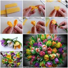 many different pictures of flowers being made with yellow and purple paper machs, including tulips