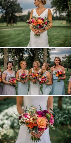 the bride and her bridesmaids are all holding their bouquets in different positions