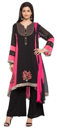 Black and Grey, Pink and Majenta color Salwar Kameez in Faux Georgette fabric with Embroidered, Lace, Thread work Palazzo Suit, Utsav Fashion, Chiffon Fashion, Salwar Kameez Designs, Georgette Fabric, Party Wear Sarees, How To Dye Fabric, Online Work, Pink Fabric