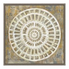 an abstract painting with white and grey colors on a brown background that has a circular design in the center