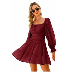 Nwt Exlura Brand Tie Back A-Line Mini Dress Long Lantern Sleeves Elastic Cuffs Square Neck Smocked Elastic Waist Ruched Bust Pretty Ruffle Hemline Lightweight Vintage Chiffon Color: Wine Red Women’s Size S Woman Dresses, Lantern Sleeve, Retro Stil, Lantern Sleeves, Women Dress, Chiffon Dress, Square Neck, Sundress, Women Long Sleeve